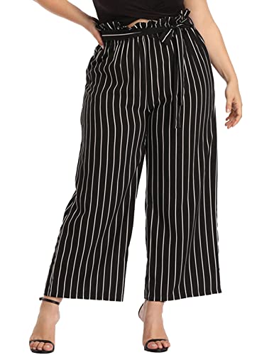 Hanna Nikole Women s Plus Size Elegant Striped Elastic High Waisted Belted Flowy Wide Leg Pants 20W