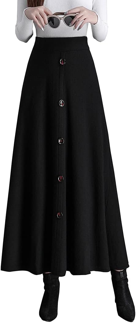 Womens Winter Soft Knitted Long Skirt High Waist Elegant Autumn Elastic Waist Maxi Pleated Skirt