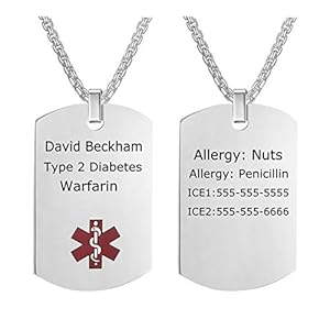 20 to 28 Inches Men’s Medical Alert ID Necklace Dog Tags Free Engraving Stainless Steel Chain