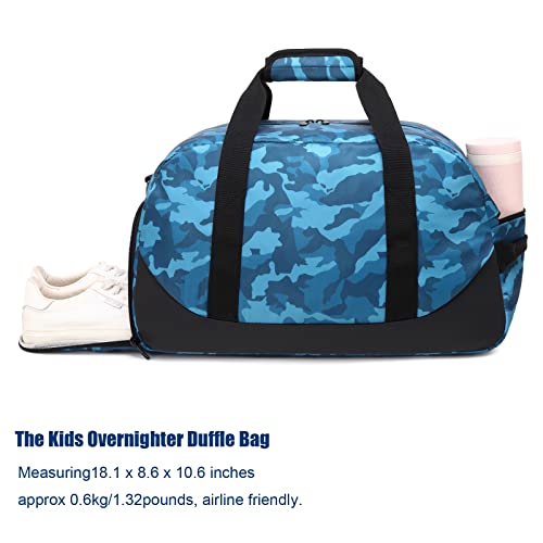 Kids Overnight Duffel Bags Boys Sport Gym Bag Gymnastics Bag With Shoe Compartment, Carry-On Size Weekender Sleepovers Travel Duffel Bag For Kids (Blue Camo) #TOP3