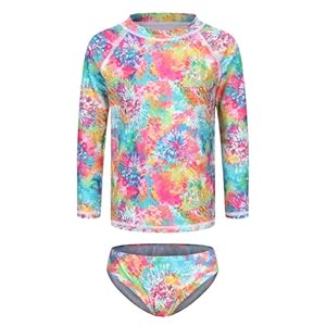 Girls Long Sleeve Rash Guard Set Tie Dye Bathing Suits Two Piece Swimsuits for Kids Swim Shirts 3-16 Years