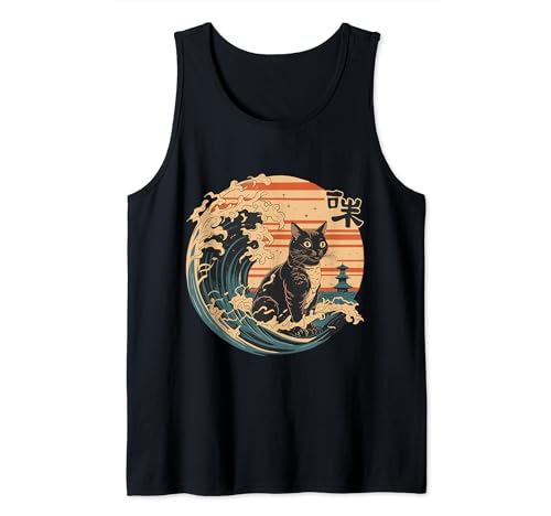 Divertido gato negro arte japonés La gran ola del gato Kanagawa Camiseta sin Mangas
