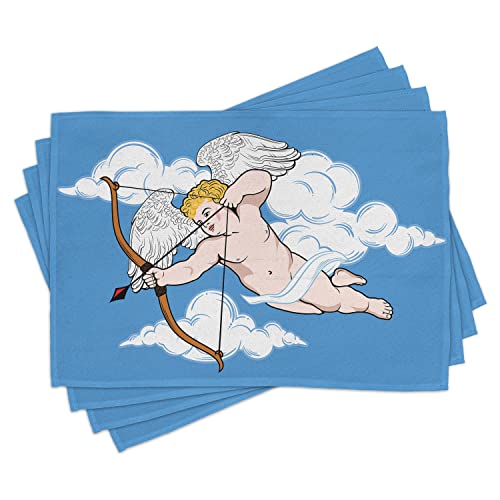 ABAKUHAUS Engelsflügel Platzmatten, Amor zielt von Einer Armbrust Liebe schießen Gott der Wunsch auf Wolken drucken, Tiscjdeco aus Farbfesten Stoff für das Esszimmer und Küch, Azur blau Weiß