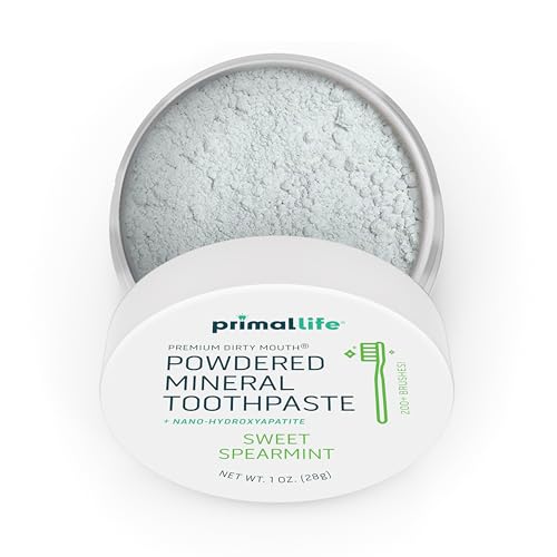 Image of Primal Life Organics - Dirty Mouth Toothpowder, Tooth Cleaning Powder, Flavored Essential Oils with Natural Kaolin & Bentonite Clay, Good for 200+ Brushings, Organic, Vegan (Sweet Spearmint, 1 oz)