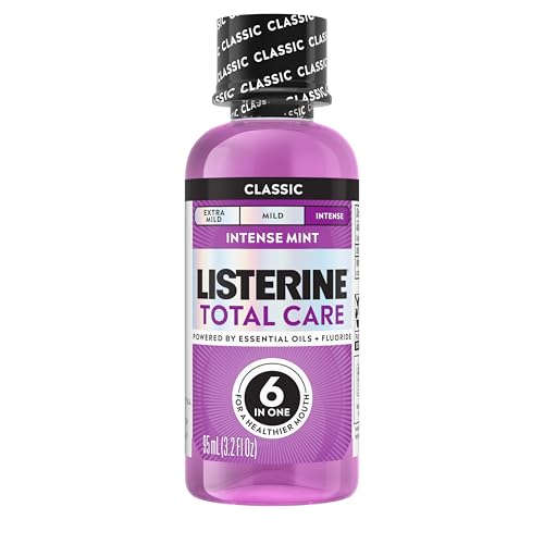 Listerine Total Care Intense Anticavity Fluoride Mouthwash, 6 Benefits in 1 Oral Rinse Helps Kill 99% of Bad Breath Germs, Prevents Cavities, Provides 360 Clean*, ADA-Accepted, Intense Mint, 95 mL