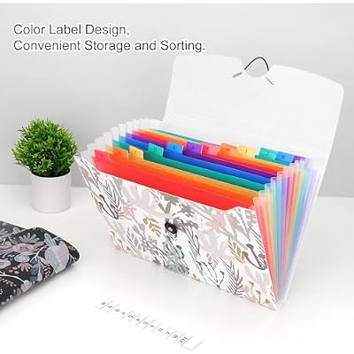 Uquelic 13-Pocket Expanding File Folder, Accordion File Holder with Elastic Buckles Closure Holds Letter/A4 Size Documents, Floral Printed Accordion Folder, School Office Supplies(Seagrass Print)