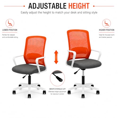 Image of Office Arm Chair with Frame, Mesh Back, Nylon Base, and Adjustable Handle, Cushion Fabric (Robo Chair-Orange)