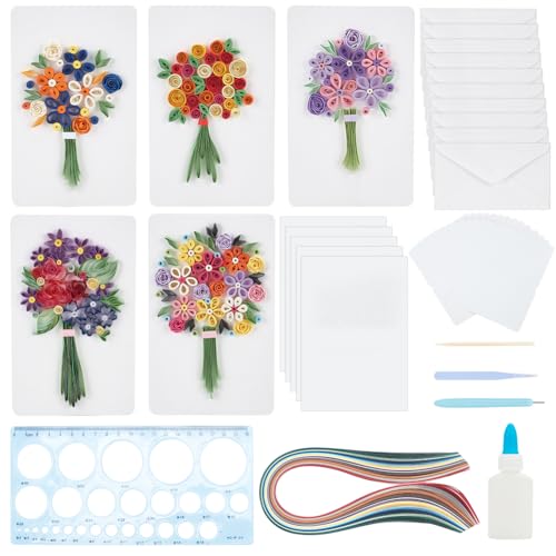 WEBEEDY Paper Quilling Kit 20 Sets Flower Bouquet Greeting Card Making Kit with Quilling Strips Ruler Tools Paper Quilling Set DIY Handmade Arts Crafts Wedding Valentines Day Birthday Gifts