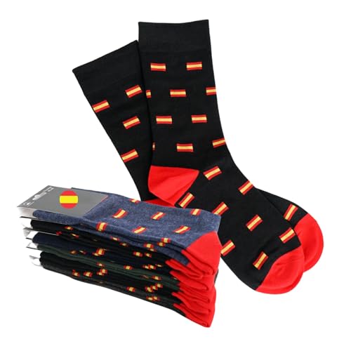Pack de 6 Calcetines con Bandera de España para Hombre - Calcetines Algodón Transpirables España - Calcetín Media Caña