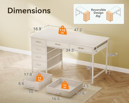 Image of ODK Computer Desk with 6 Drawers, 48 Inch Office Desk with Storage, Reversible Desk with Headphone Hook for Home Office, Work Study Table Vanity for Bedroom, White