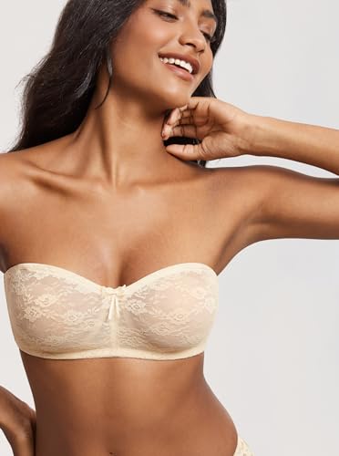Image of DOBREVA Women's Strapless Lace Bras Unlined See-Through | Underwire, Floral Lace, Sexy, Sheer, Soft, Bow, Multiway, Comfort