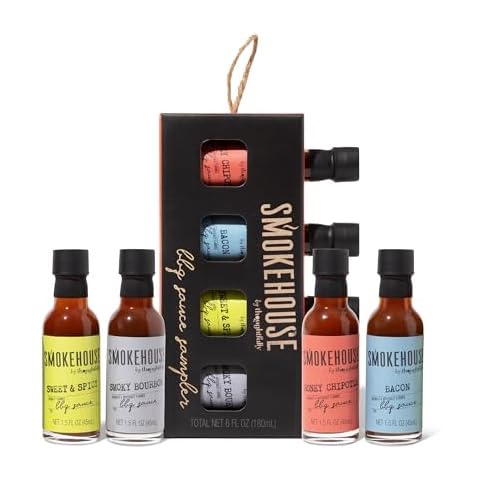 Smokehouse by Thoughtfully, Gourmet BBQ Sauce Sampler Set, Vegan and Vegetarian, Flavors Include Honey Chipotle, Smoky Bourbon, Sweet and Spicy, and Bacon BBQ Sauce, Pack of 4 Cover
