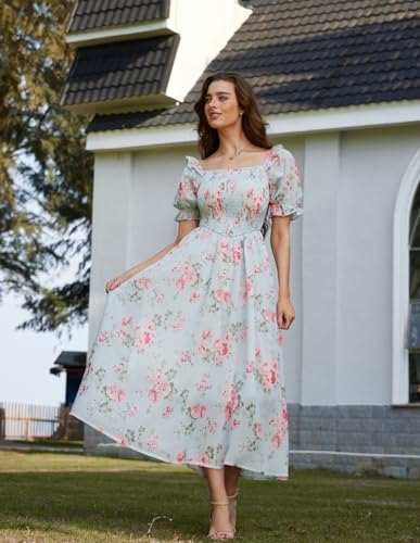 Image of Scarlet Darkness Floral Dress for Women Summer Puff Sleeve Square Neck A Line Flowy Wedding Guest Tea Party Dresses