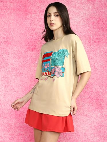 Image of JUNEBERRY 100% Pure Cotton Oversized Loose Fit Half Sleeve Cool Front Chest Graphic Printed Round Neck Drop Shoulder T-Shirt for Women S to 2XL