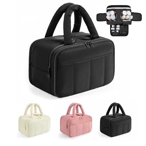 Fullishment Puffy Travel Toiletry Bag for Women,Lightweight Cosmetic Organizer with Wet-Dry Compartments & Handle,Large Makeup Bag for Essentials (Black)