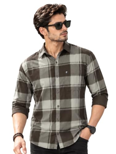 Majestic Man Stylish Slim Fit Cotton Spread Collar Checked Brown - Image 1