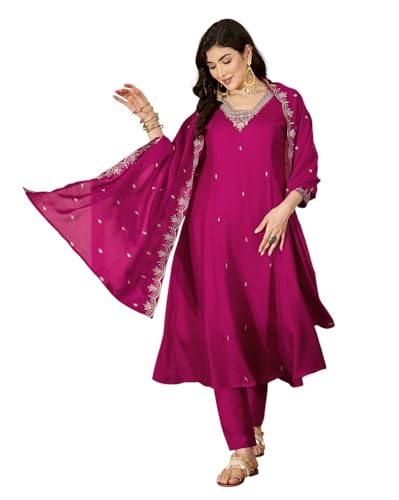 Image of Amazon Brand - Tavasya Women Vichitra Zari Sequence Embroide Kurta with Pant and Dupatta|Salwar Suit|Kurta Set|3 Piece Set