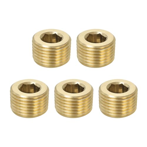 PATIKIL 1/2 Pulgada Macho NPT Tubería Tapón Interno Hexagonal Rosca Enchufe, 5 Paquete Hexagonal Contrapartida Hundida Sólida Latón Tubería Tapón Accesorio Juego para Tubería Aire Tanques