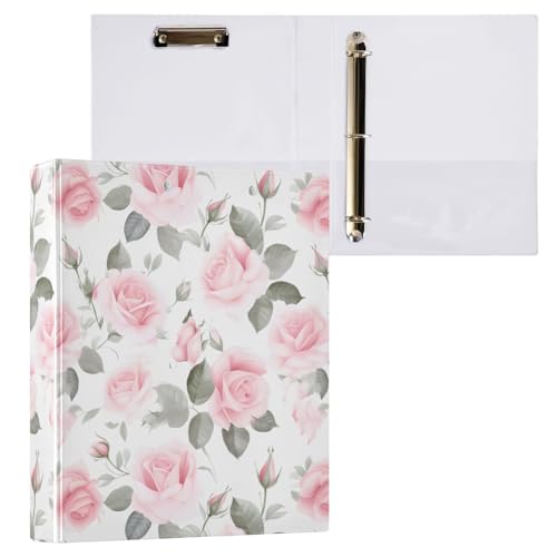 Image of 3 Ring Binder Pink Rose Floral Roses 1.5 inch Binders Three Ring Binders with Clipboard Fit 8.5'' x 11'' Paper 3 Interior PVC Clear Pockets for Office Supplies