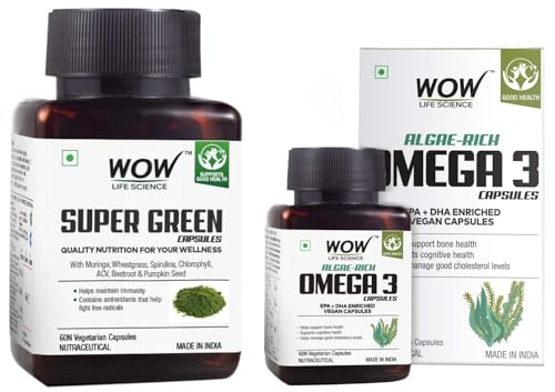 Image of WOW Life Science Algae-Rich Omega 3 Capsules-Pack of 60 Vegetarian Capsules & WOW Life Science Super Green Capsules- 550mg - 60 Veg Capsules