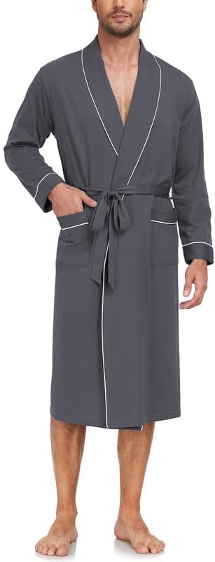 COLORFULLEAF Men's 100% Cotton Dressing Gown Lightweight Bathrobe Soft Kimono with Pockets & Belt