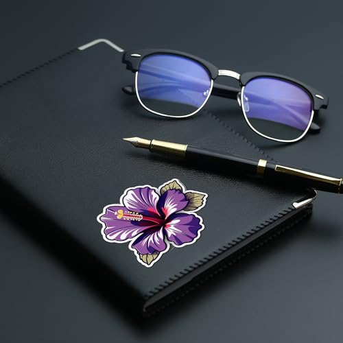 Image of Purple Hibiscus Flower Sticker Tropical Floral Vinyl Decal Waterproof Aesthetic Purple Flower Sticker for Laptop Water Bottle Car Bumper Notebook Scrapbook Gift