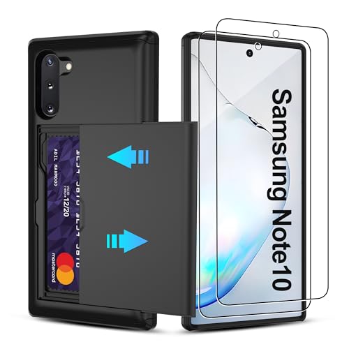 for Samsung Note 10 Case with Card Holder and (2 Pcs) HD Screen Protector, Slim Heavy Duty Dual Layer Shockproof Design & Hidden Card Slot Wallet Case for Samsung Note 10-Black