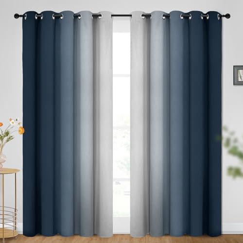 Image of SimpleHome Ombre Navy Blue to Grey White Curtains for Living Room 70Wx84L | Room Darkening Curtains for Bedroom,Gradient Light Blocking Curtain,Thermal Insulated Grommet Window Drapes,2 Panels,84 Inch