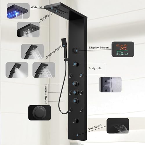 Homevacious 5 In 1 Shower Panel System,LED Rain Waterfall Shower Head and Adjustable Massage Body Jets,3 Settings Handheld Head and Tub Spout,Stainless Steel Bathroom Panel,Matte Black - Thumbnail 2