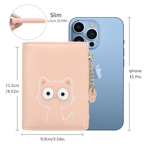 Image of Small Womens Wallet, Cute Bifold RFID Blocking Vegan Wallet for Teen Girls Ladies with Zipper Coin Pocket (Pink Cat)