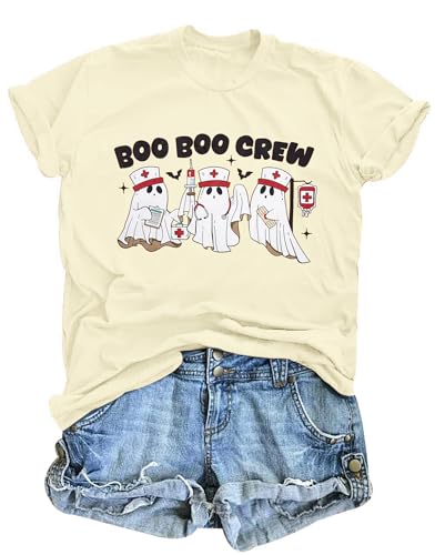 Nurse Halloween Shirt for Women Boo Boo Crew Nurse Shirt Cute Ghost Nursing Graphic Short Sleeve Clothes Tops, Apricot, XL
