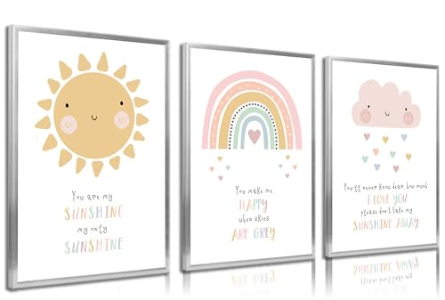 Image of 3pcs Pink Nursery Canvas Wall Art Cute Sun Rainbowdark Clouds Posters Prints Kids Bedroom Baby Girls Toddler Pastel Wall Decor Pictures for Classroom School Nursery Decoration Unframed