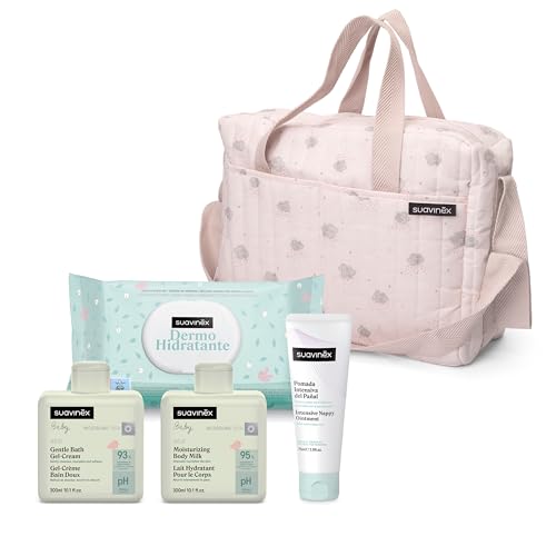 Suavinex, Baby Langerväska med kosmetika: Mild Lavant Gel 300 ml + fuktgivande mjölk 300 ml + byte kräm 75 ml + våtservetter 60 enheter. Födelsegåva, flicka och pojke, nyfödd korg, rosa