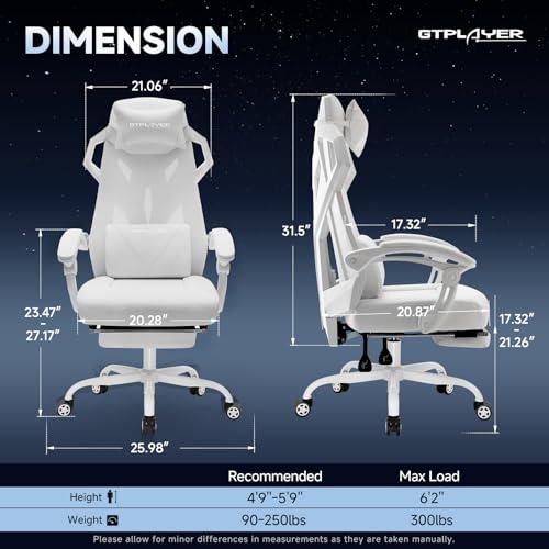 GTPLAYER Computer Chair with Adjustable Footrest, Ergonomic Gaming Chair with Headrest and Lumbar Support, Breathable Mesh Office Chair for Adults, High Back Reclining Desk Chair for Gaming and Office