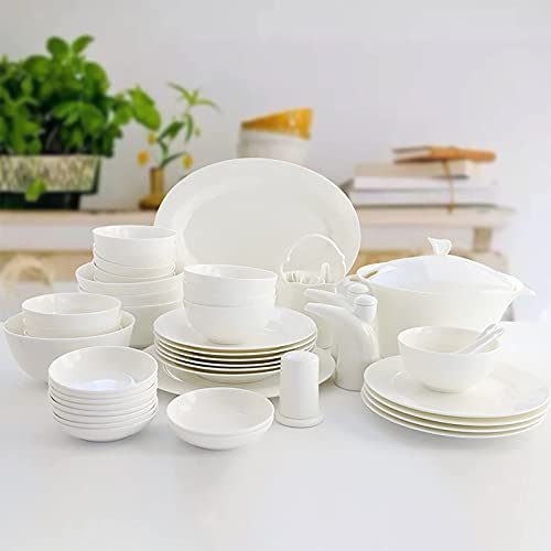 SQMGFA Juego de vajilla de Porcelana China de 56 Piezas, Juego de vajilla de Cocina de Porcelana con Cuencos de Cereales Redondos Blancos, Platos de Postre, Platos y Olla para Sopa, Servicio p