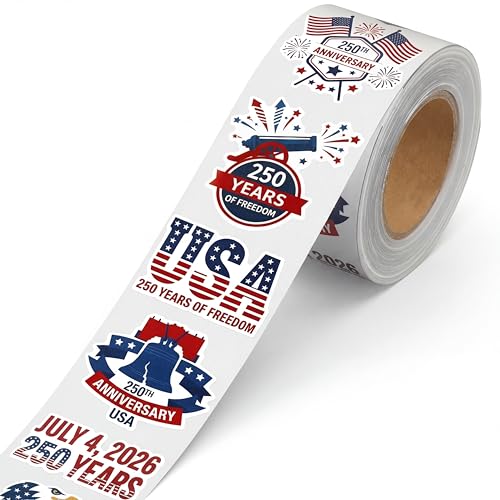 Eaasty 500 Pcs 250th Anniversary Sticker Roll 1.5 Inch Patriotic 250th Anniversary Decal for 2026 4th of July Party Car Window Water Bottle Skateboard Scrapbooking 8 Styles