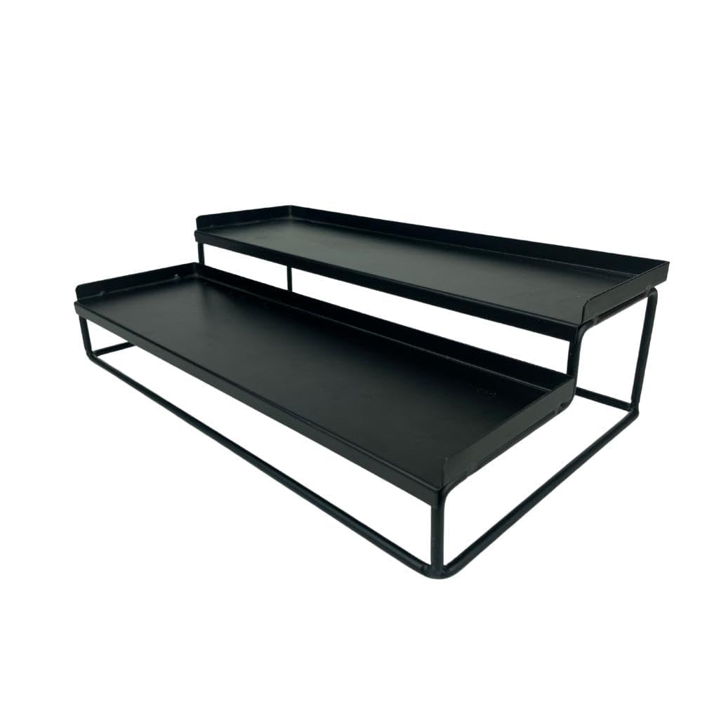 Amazon Brand - Umi 2-Tier Step Standing Rack Spice Bottle Stand Utensil Holder Food Storage Organizer for Cabinet Cupboard Pantry Shelf Bathroom Organizer (Black, Pack of 1)