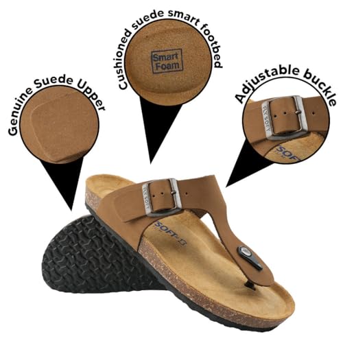 Image of 100% Genuine Leather Men's Sandals - Comfortable Cushioned Smart Foam Footbed, Slip-On Slides for Casual Summer Wear, Adjustable Fit, Durable Non-Slip Sole