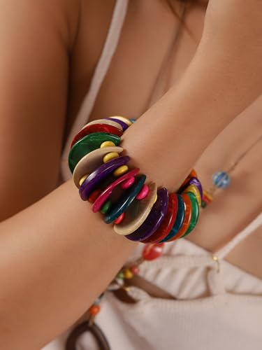 MINACHI Boho Chunky Colorful Wooden Bead Stretch Bracelet, Handmade Bohemian Statement Jewelry For Women4