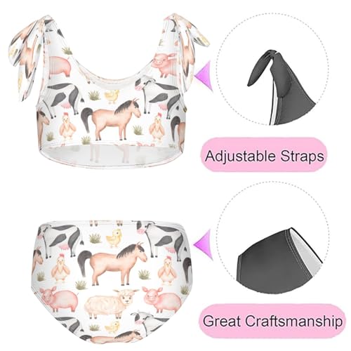 Image of QUGRL Watercolor Farm Animals Girls Swimsuit Bikini Set Cute Cow Hen Pig Horse Kids Bathing Suits for Girls 2 Piece Bowknot Swimwear Tankini Hawaiian 7-8 Years