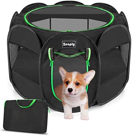Portable Pet Dog Playpen, Pet Playpen Foldable Extra Heavy Duty Pop Up No Assembly Kennel Tent Crate Indoor Outdoor with Shade Ventilation Mesh for Small Dog, Kitten, Cat, Rabbit (Black)