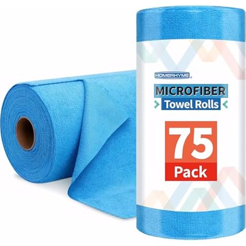 HOMERHYME Microfiber Cleaning Cloth Roll, 75 Pack Tear Away Microfiber Towels, Reusable Washable Shop Towels, Lint Free All-Purpose Cleaning Rags for Car Kitchen Garage Bar 11.5"x11.5" Cover