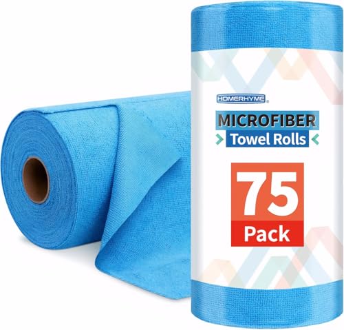 Image of HOMERHYME Microfiber Cleaning Cloth Roll, 75 Pack Tear Away Microfiber Towels, Reusable Washable Shop Towels, Lint Free All-Purpose Cleaning Rags for Car Kitchen Garage Bar 11.5"x11.5"