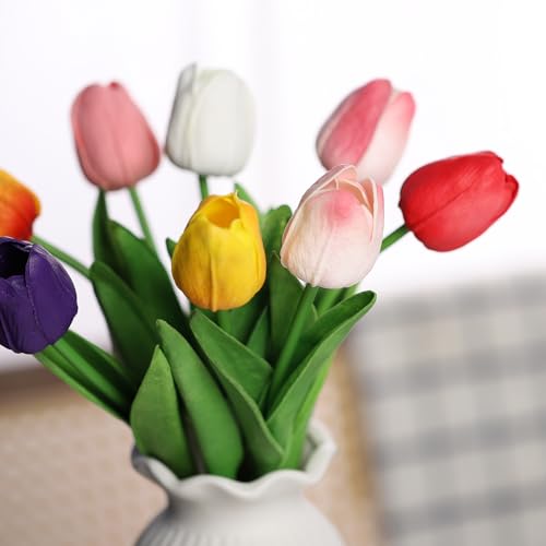 Image of Bassion 30 Pcs Multicolor Fake Tulips Artificial Flowers for Decoration | Real touch, PU faux tulips flowers, artificial plants indoor, for home decor wedding Mother's Day spring Easter decorations