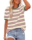 BTFBM Summer Tops for Women 2026 Crewneck Short Sleeve Striped T Shirts Casual Spring Clothes Color Block Basic Tee Blouses(Pink Apricot, XX-Large)