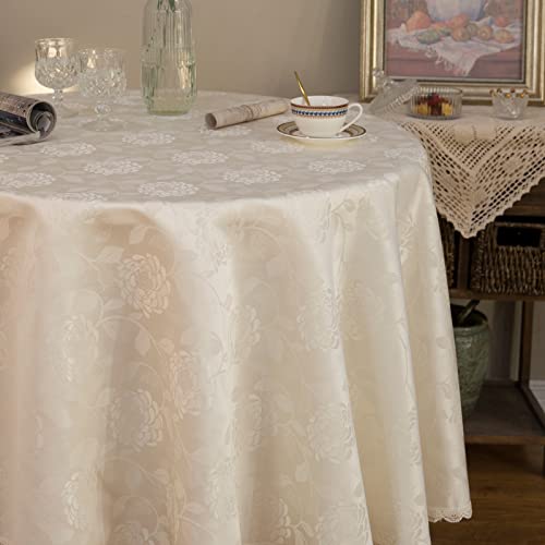 GLORY SEASON Round Tablecloth Waterproof Spillproof Lace Trim Damask Fabric Table Cloth for Wedding Kitchen Dinning Tabletop Decoration,Table Cover for Outdoor and Indoor, 70 Inch Round, Ivory White