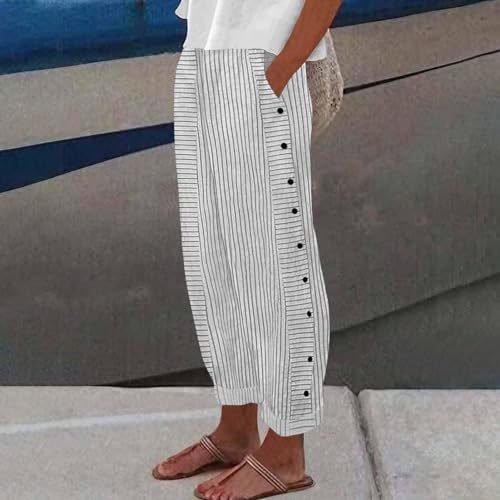 Cropped Linen Pants for Women Casual Straight Leg Elastic Waist Pants Stripe Print Beach Summer Pants with Pockets2