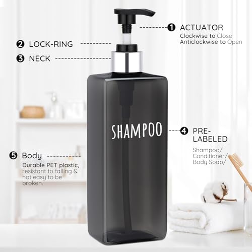 Image of Segbeauty 16.9oz Empty Black Hand Soap Dispensers, 3pcs Large Plastic Lotion Pump Bottle, Refillable Square Pump Bottles for Shampoo and Conditioner, 500ml Pre-printed Bathroom Body Wash Gel Container
