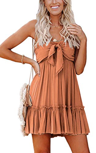 ECOWISH Womens Dresses Floral Spaghetti Strap Tie Knot Front Flowy Pleated Mini Swing Dress 120 Orange Medium