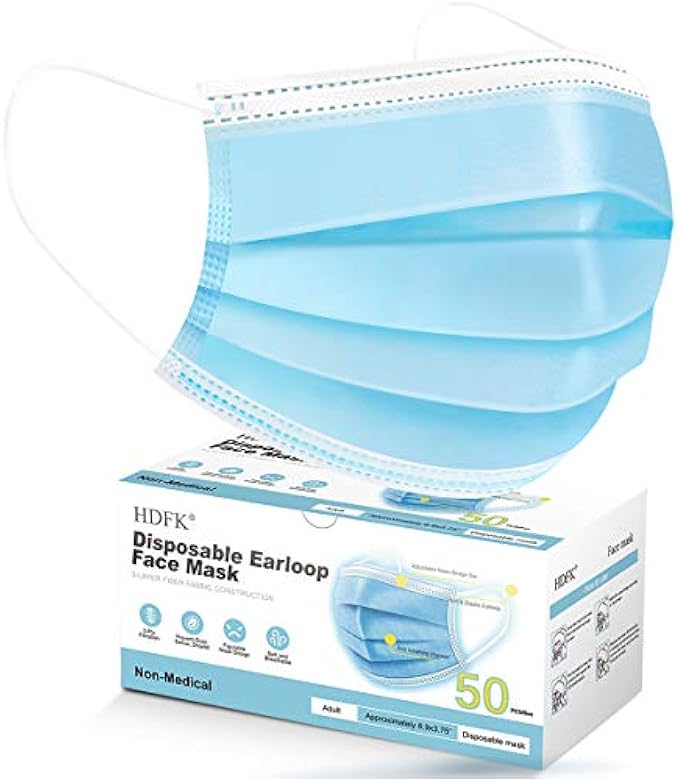 HDFK Face Mask Disposable Adults 3Ply Non-Woven with Nose Clip Ear Loop Blue 50Pack